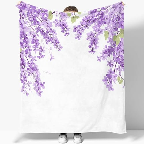 Manta Plantas Flores Lilas Blanco Morado, Manta De Sherpa Mullida Cómoda Y Cálida para Todas Las Estaciones, Manta con Estampado Patrón para Sofá Cama Coche Decoración 150 x 200 cm