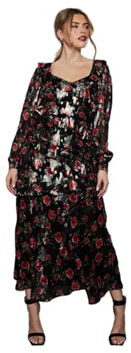 Dorothy Perkins Black Floral Ruffle Long Sleeve Chiffon Metallic Midi Dress