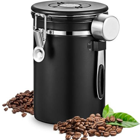 RANJIMA Kaffeedose Luftdicht, 2,8 L Kaffeebohnen Behälter, Edelstahl Kaffeebohnen Aufbewahrung, 1kg Bohnen Vakuum Kaffee Dose mit Messlöffel, für Kaffee Tee Nüsse Kakao Länger und Frisch Bleiben