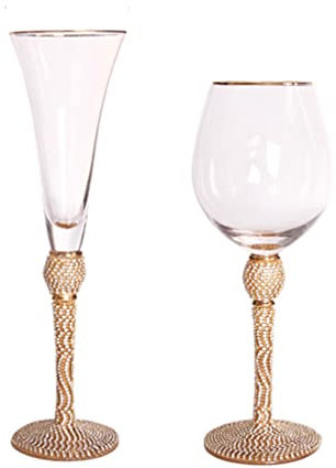 Luxury Rhinestone Red Wine Glass Champagne Flutes Set with Gold Trim Diamond Long Stem Glassware for Wedding Parties and Anniversary Elegant Crystal Glass Cups