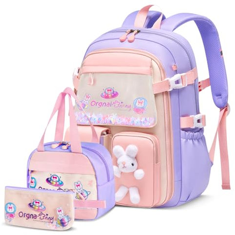 Tanou Schultasche Mädchen Rucksack Kinder, 3-teilig Schulranzen mit Lunchpaket Mäppchen, Kawaii Kühlschrank-Stil Schulrucksack für Mädchen 1. bis 5. Klasse, Lila