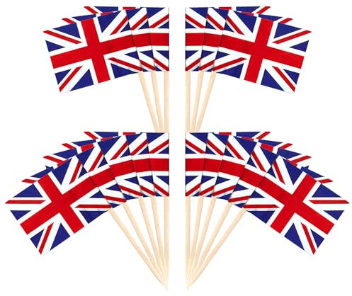 SYKYCTCY 100 Pack Union Jack Toothpicks British Sandwich Flags Food Cupcake Cocktail Sticks Picks Tableware King's Coronation Cake Decorations Party Supplies