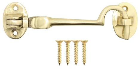 EAI Cabin Hook and Eye Latch | Heavy Duty 100mm / 4 Inch Silent Polished Brass Hook and Eye Latch | 1 Pack with Fixings