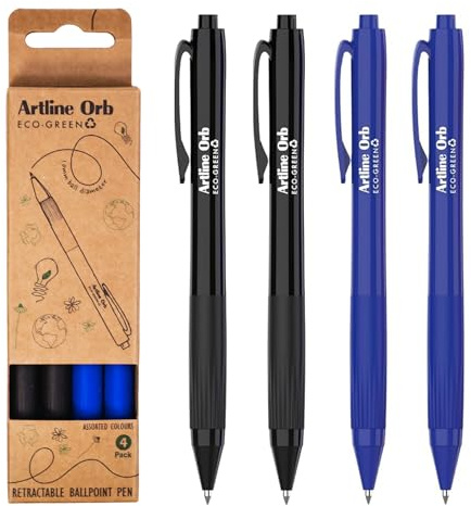 Artline Eco Orb Blue and Black Ballpoint Pens (Pack of 4) Super Smooth Pen with 1mm Nib, Sturdy Pocket Clip, Cushion Grip, Retractable - Genuine Black Pens Ballpoint