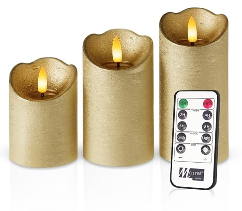 Meisterhome® LED-Kerzen 3er-Set Gold – Flammenlos - mit flackernder Flamme – Rustik Design – Stumpenkerzen mit Fernbedienung & Timer – Batteriebetrieben – Warmweiß – 10/12,5/15 cm Hoch