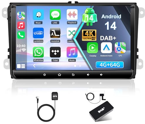 Qiiken 4+64G Android 14 9 Zoll Autoradio mit Bildschirm für Golf 5 Golf 6 VW T5 VW Polo 6R Golf Plus VW, T5 Radio mit DAB-Antenne Canbus GPS-Antenne,Unterstützung DAB, DVR, CVBS, TPMS, DSP