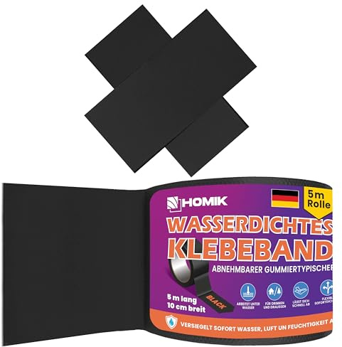 HOMIK Extrem Starkes Schwarzes Wasserdichtes Klebeband Außen & Innen | Dichtungsband Wasserdicht 10cm x 5m | UV Beständig | Duct Tape | Selbstverschweißendes Klebeband