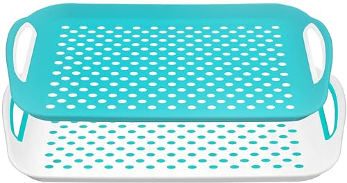 PRADICHI 2-Pack Non-Slip Serving Trays with Rubber Grip Surface and Easy-Grip Handles – Rectangular Plastic Food & Drink Tray – 40.5 x 28.5 cm (Green & White)