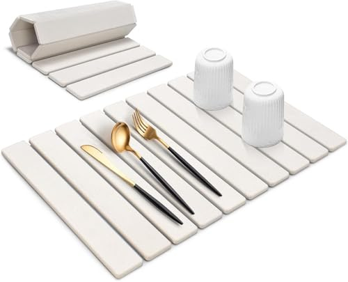 Tapis de Séchage en Pierre Diatomée – Tapis de Cuisine Pliable Ultra Absorbant et Antidérapant, Tapis Égouttoir pour Vaisselle, Verres et Bouteilles, Grand Format 59×39 cm, Blanc