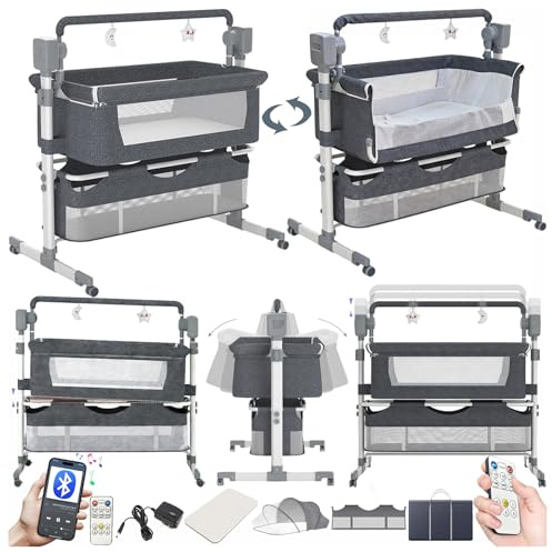 Magic ZC Elektrische Bluetooth Intelligent Beistellbett Baby mit Rollen, Faltbar Co-Sleeping Babybett, Convertible Stubenwagen Wiege mit Fernbedienung, Musik, 5-schwankende Zahnräder (601 Grey)