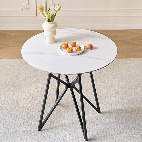 SHARPDO Esstisch Rund aus Sinterstein für 2-4 Personen,Kratzfest & Hitzebeständig, Stahlrahmen, Leicht zu Reinigen, Küchentisch, Esszimmertisch, Dining Table,Tisch rund 80 cm, Modernen Design, Weiß