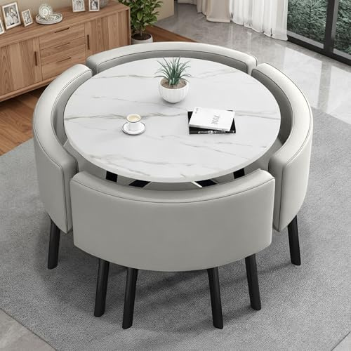 Generisch Esszimmergruppe mit 4 Essstühlen, 90 cm Runder Esstisch und Gepolstert Stühlen, Moderner Tisch und 4 Stühle für Küche, Wohnzimmer, Balkon, Restaurant, Büro, MDF-Tischplatte in Marmoroptik