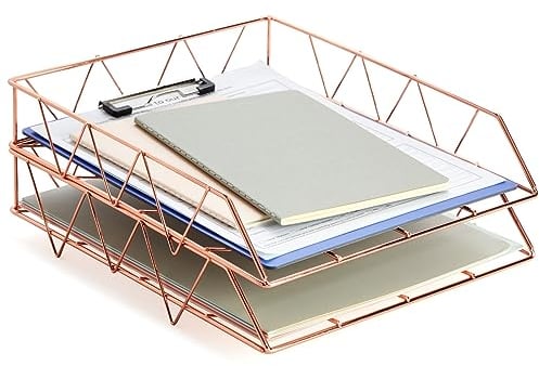 2 Pack Metal Rose Gold Desk Organiser, Paper, Letter, File and Document Holder (25 x 30 cm)