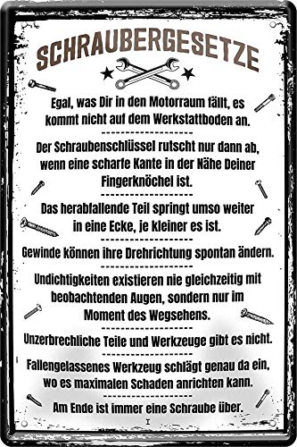WOGEKA ART Retro Blechschild - Schraubergesetze Werkstatt Garage Hobbyraum - witziger Spruch als Geschenk-Idee Geburtstag Weihnachten Dekoration 20x30 cm Vintage-Design Metall 285