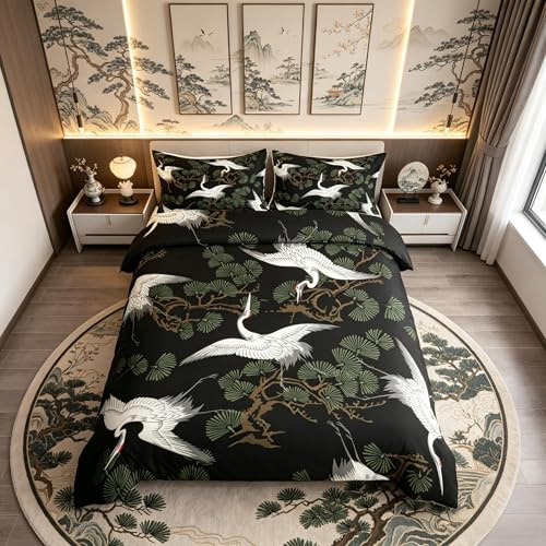 Loussiesd White Cranes Bedding Set Japanese-Style Duvet Cover For Kids Children Teens Exotic Animal Pine Tree Comforter Cover Japanese Bird Bedspread Cover Green Black Bedroom Decor 3Pcs Double Size