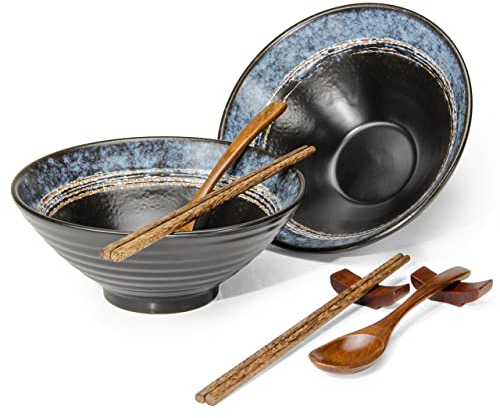 Lanbent Set di ciotole per Ramen, ciotola per Ramen in ceramica di alta qualità, fatta da artigianato tradizionale, set di stoviglie con 2 ciotole grandi (1000 ml), 2 bacchette, 2 cucchiai