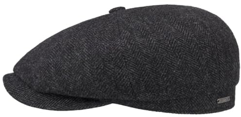 Stetson Hatteras Classic Wool Flat Cap Men - Newsboy with Peak, Lining, Lining Winter Autumn-Winter - 57 cm Black-Grey