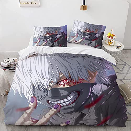 Tokyo Ghoul Kaneki Ken Anime Bettwäsche-Sets Cartoon 3D-gedrucktes Polyestergewebe 1 Bettbezug + 2 Kissenbezüge (keine Bettdecke)