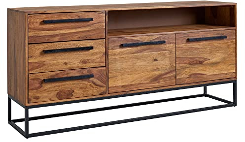 Wohnling Sideboard 165x80x40 cm Sheesham Massivholz/Metall mit Weinregal, Kommode mit Schubladen, Hausbar Schubladenschrank Industrial