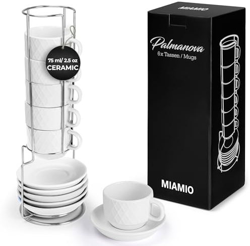 MIAMIO – 6 x 75 ml Espresso Tassen/Espressotassen Set mit Ständer Steingut Keramik - Palmanova Kollektion (White)