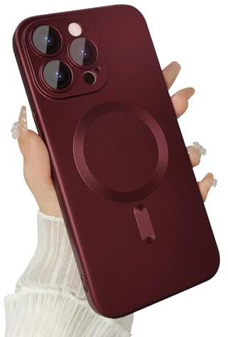 Ankofave Magnetic case for iPhone 14 Pro Max Phone Case for Women, Matte Luxury Soft Metallic Luster Design with Camera Lens Protector, Compatible with Magsafe Case for iPhone 14 Pro Max 6.7-Red Wine