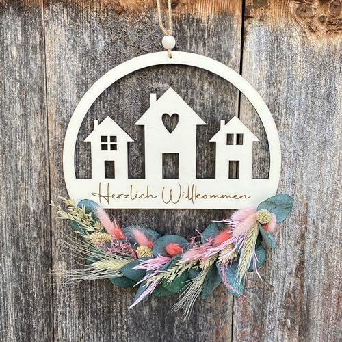 Willkommensschild - Trockenblumenkranz - Türkranz Trockenblumen - Herzlich Willkommen bei - Türkranz personalisierbar - Türhänger Familie (30cm, Rosa/Grün)