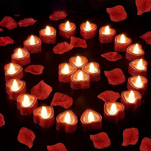 24 Stück helle romantische Herz LED kerzen - Romantische Dekorationen,Valentinstags dekorationen,flammenlose romantische Liebeskerze für die Hochzeitstisch zum Valentinstag Deko
