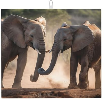 Dish Drying Mat For Kitchen, Two Elephants Playing Printed Dishes Drainer Mats,Super Absorbent Microfiber Kitchen Counter Mat