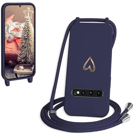 CaseLover Handyband für Samsung Galaxy S10 Hülle mit Band, Herz Muster Silikon Necklace Handyhülle mit Abnehmbar Kordel zum Umhängen Stossfest Bumper Handy Schutzhülle für Galaxy S10 6.1, Navy Blau