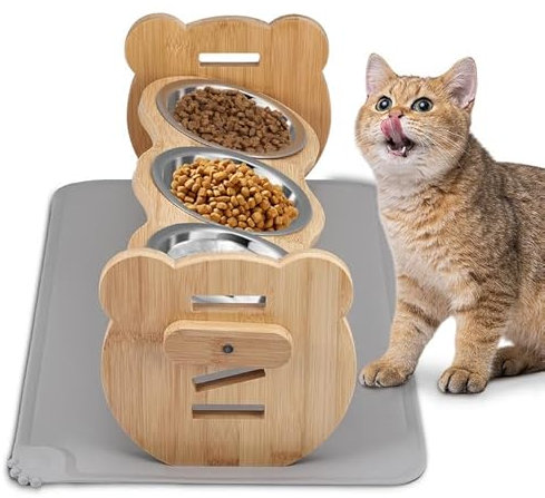 Raised Cat Bowl, Cat Bowls with Stand Tilted for Cats, 4 Heights Adjustable Cat Bowls on Stand, Tilted Wood Stand with 4 Stainless Steel Bowls and Mat for Pets Cats Puppies Food and Water Feeding (01)