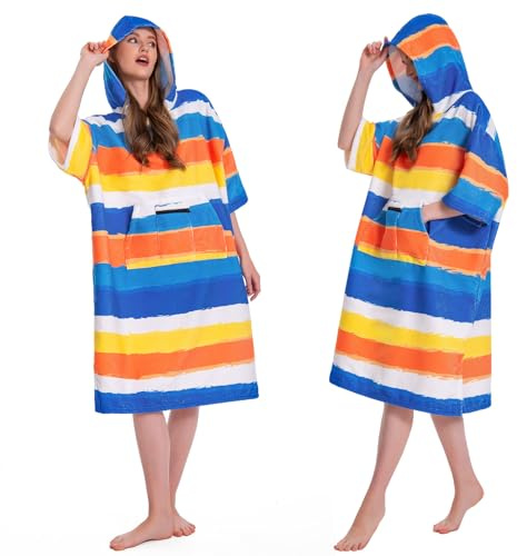 OLAOLA Poncho de Surf pour Adulte, Serviette de Bain avec Capuche et Poche, Peignoir à Langer, Poncho de Plage à Séchage Rapide pour Femmes et Hommes (Rayures)