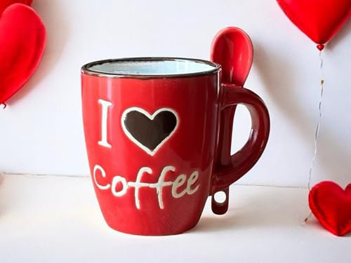 generico TAZZINA CAFFE’ IN CERAMICA CON CUCCHIAINO INTEGRATO, CON SCRITTA “I LOVE COFFEE”, Altezza 6.5CM, CAPIENZA 65 ML. (Bianco_rosso)