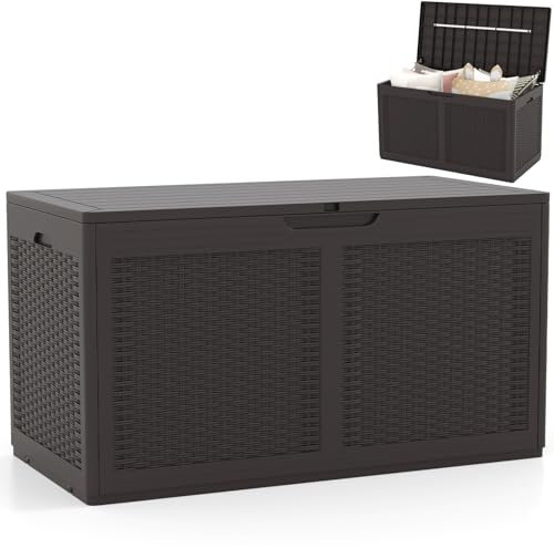 COSTWAY 380L Garden Storage Box, Waterproof Resin Deck Box Bench with Lockable Lid, Wheels & Side Handles, Rattan Texture Outdoor Patio Storage Container for Cushion Tool Toy (Brown)