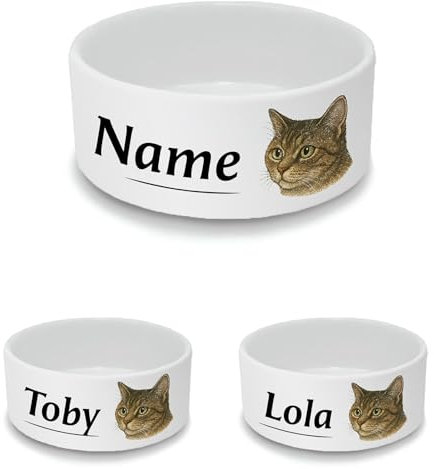 Personalised Ceramic Cat Bowl - Small White Pet Food Dish with Tabby Cat Design - Custom Name Cat Bowl 13cm Wide x 5.5cm Deep - Ideal for Small Cats