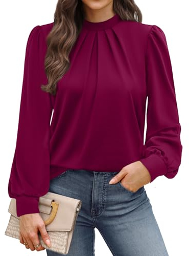 WIHOLL Blouses for Women Long Sleeve Tops Mock Neck Pleated Shirts Ladies Tops Business Loose Fit