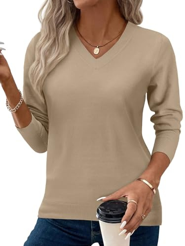Yutdeng Jersey Mujer Elegante Jersey de Punto para Mujer Cuello en V Suéter Manga Larga Suave Sweater Cálido Jerséis Otoño Invierno Sueter Casual Pullover Ligero Jerseys Cómodo Ajustado Top Color Liso