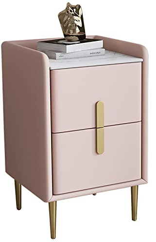 Mittelalterlicher rosa Nachttisch | Minimalistischer Nachttisch aus Mikrofaser mit gesintertem Stein Top | Stilvoller Nachttisch 25 x 35 x 55 cm für Schlafzimmer und Wohnzimmer