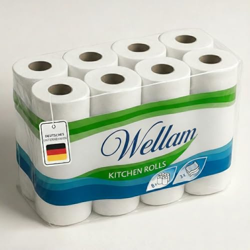 Premium Küchenrollen, 3-lagig, Ultraweich, 32 Rollen, Saugstark und Reißfest, Ideal für Küche und Haushalt, Hautfreundlich (8 Rollen)