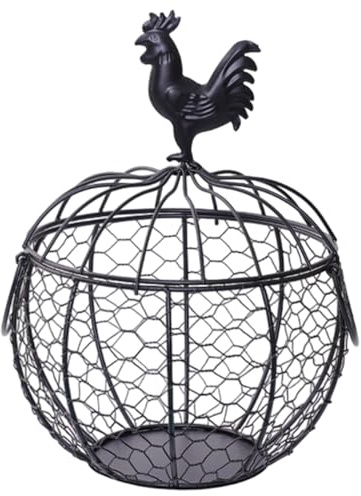 Cestino per uova di gallina con manico, piccolo cestino per raccolta uova in metallo stile vintage con coperchio decorato con pollo per frutta, verdura, fiori nero