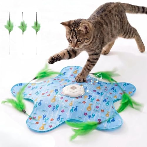 Jouet Interactif pour Chat,Jouet Chat avec Plumes et Bruit de Souris Qui Couine,Jouet pour Chat Rechargeable et Silencieux,Jouet Automatique,Jeux pour Chat de Chasse avec 3 Plumes Remplaçables