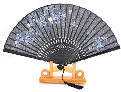 Medifier Silk Bamboo Handheld Folding Fans (Flying butterfly and Flowers), Silk Fan cover Pouches and gift box included (Black)