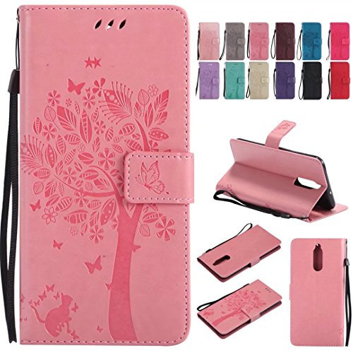 Ougger Cover per Huawei Mate 10 Lite Custodia, Portafoglio Pelle Magnetico Morbido Protettivo Silicone Flip Cover Borsa Custodie Huawei Mate 10 Lite con Slot per Schede, Gatto e Albero (Rose)