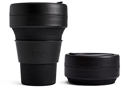 Stojo Faltbarer Kaffeebecher für unterwegs, Taschenformat, faltbarer Reisebecher aus Silikon – Brooklyn Collection, 355 ml - Farbe Ink