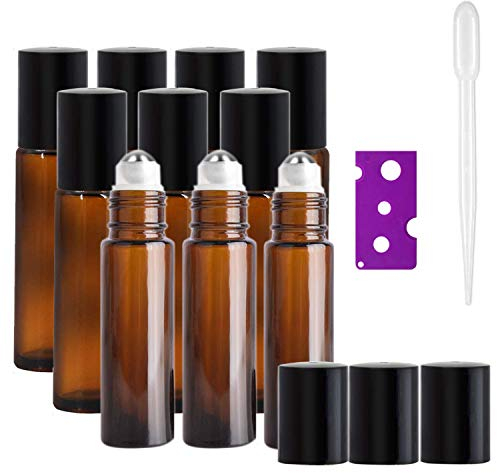 JamHooDirect 10Pcs 10ml Essential Oils Roller Bottles, Refillable Amber Glass Roll on Bottles with Black Lids, Includes 12Pcs Stickers, 1 Dropper & 1 Opener - Great for Aromatherapy, Fragrance