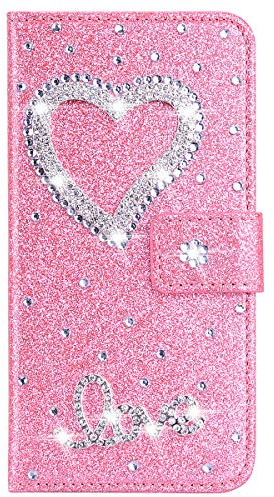 XFZ PU Leader Glitzer Schutzhülle für Samsung Galaxy A50 Glänzende Brieftasche Glitzer Bling 3D Herz Strass Hülle Etui Wallet Tasche Lederhülle Flip Handyhülle für Samsung Galaxy A50 - Rosa