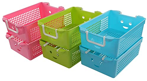 Mayish Smile Lot de 6 Paniers Rangement en Plastique à 2 Poignées Vert/Bleu/Rose