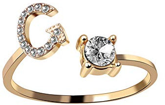 HIJONES Damen Anfangsbuchstabe Open Ring mit Zirkonia Stapelbaren Alphabet Verstellbaren Ringen Golden Brief G