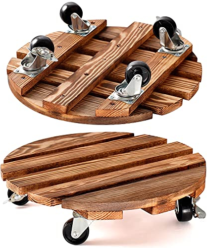 2 Pack Plant Caddy Wooden Plant Stand with Wheels 12 Inch-30 CM Round Plant Roller with Metal Lockable Caster Wheels Heavy Duty Rolling Plant Stand Plant Dolly