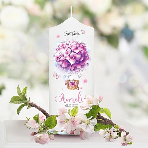 Wandtattoo Loft Taufkerze Mädchen personalisierte Patenkerze, Motiv Heißluftballon aus rosa Blumen, 18cm x 7cm, personalisierte Kerze, bedruckte Kerze Taufe, Stumpenkerze, Geburtskerze, Taufgeschenk