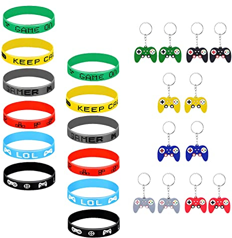 WACH AUF 24 Stück Spielarmbänder und Schlüsselanhänger Kinder, Silikonarmband kinder Schlüsselanhänger, Silikon Armbänder Kinder Schlüsselanhänger Controller für Videospiel-Themen Partyzubehö